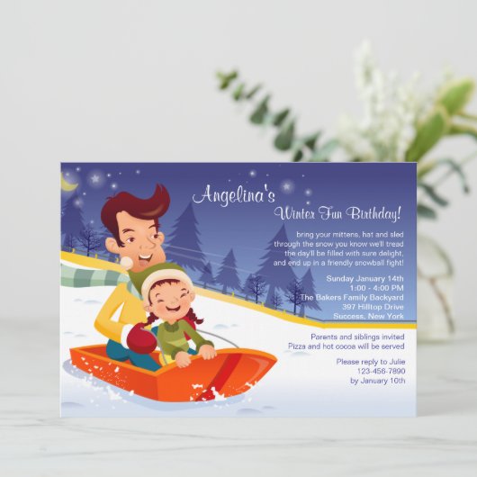 Rodeln Winter Geburtstagsfeier Einladung (Stehend Vorderseite)