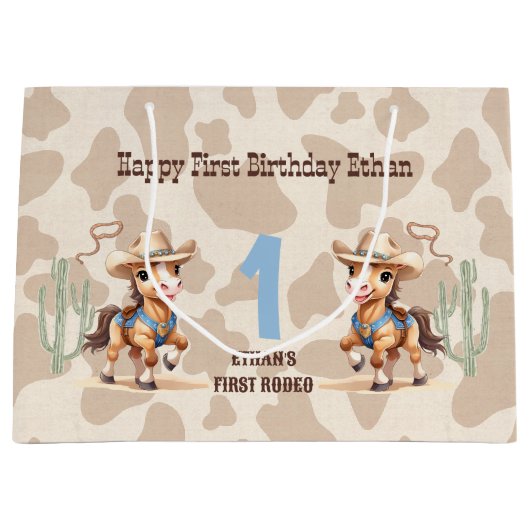 Rodeo Beige Cowboy Horse Western Name 1b Geburtsta Große Geschenktüte (Vorderseite)