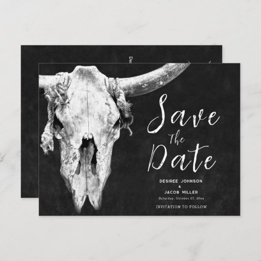 Rodeo Black and White Bull Skull Save the Date Einladungspostkarte (Vorne/Hinten)