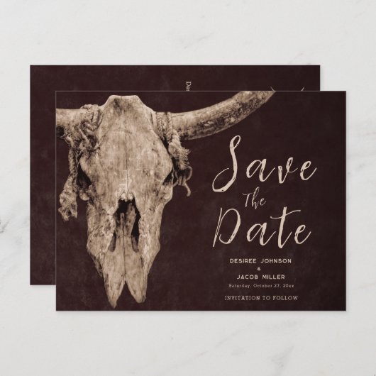 Rodeo Brown Bull Skull Save the Date Einladungspostkarte (Vorne/Hinten)