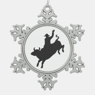 Rodeo Bull Ride Silhouette Schneeflocken Zinn-Ornament