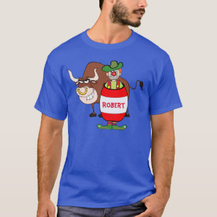 Rodeo-Clown im Fass und in Stier-Cartoon T-Shirt