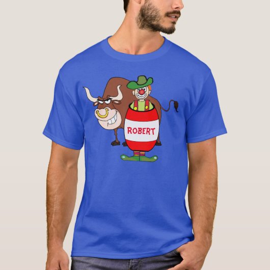 Rodeo-Clown im Fass und in Stier-Cartoon T-Shirt (Vorderseite)