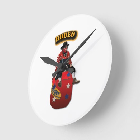 Rodeo-Clowns mit Text Runde Wanduhr (Winkel)