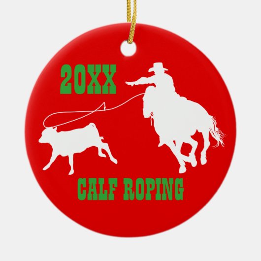 Rodeo-Cowboy-Kalb-Roping Weihnachtsverzierung Keramikornament (Vorne)