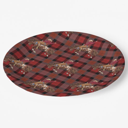 Rodeo Cowboy on Bucking Bronco Pappteller (Schrägansicht)