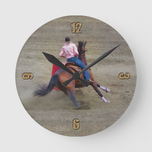 Rodeo Cowgirl Barrel Racing Western Themed Clock Runde Wanduhr (Vorderseite)