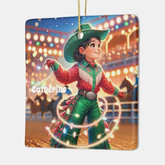 Rodeo Cowgirl Kid wirbt Weihnachtslicht Keramikornament (Links)