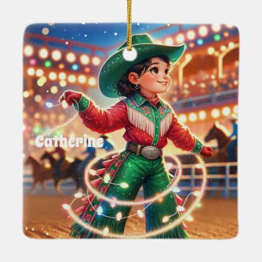 Rodeo Cowgirl Kid wirbt Weihnachtslicht Keramikornament (Rückseite)