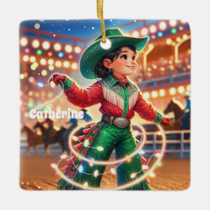 Rodeo Cowgirl Kid wirbt Weihnachtslicht Keramikornament