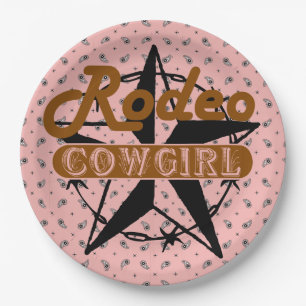 Rodeo Cowgirl Pink Bandanna Star Barbed Wire Pappteller