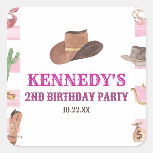 Rodeo Cowgirl Western Wild West Birthday Party Quadratischer Aufkleber (Vorderseite)