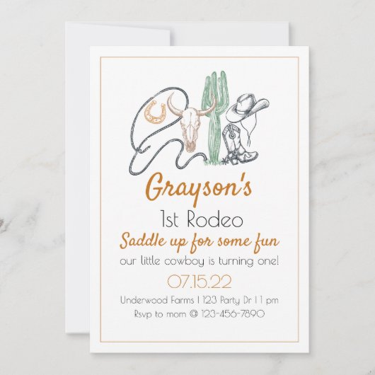 Rodeo, Erster Rodeo Geburtstag, Cowboy Geburtstag, Einladung (Vorderseite)