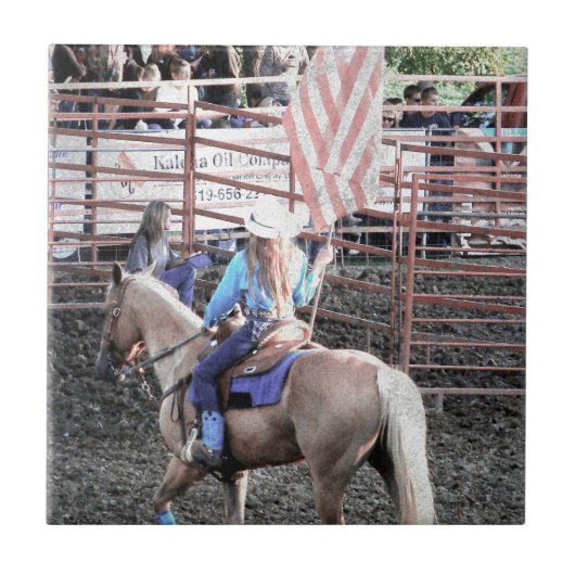 Rodeo Flag Pferd und Cowgirl Fliese (Vorderseite)