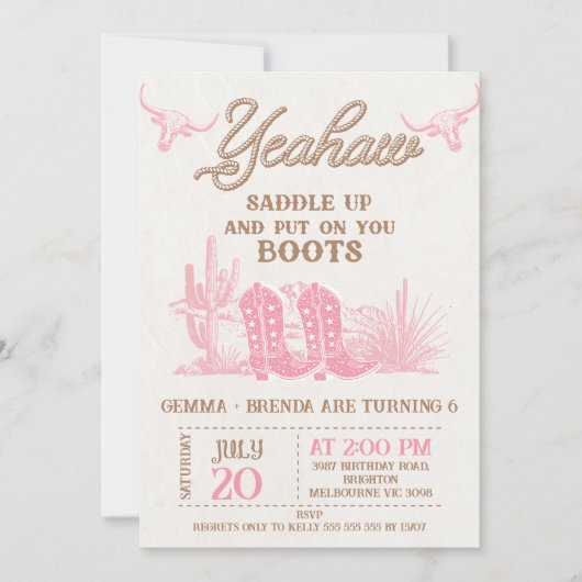 Rodeo Pink Brown Cowgirl Twin Girls Birthday Einladung (Vorderseite)