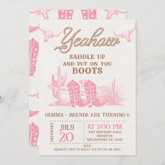 Rodeo Pink Brown Cowgirl Twin Girls Birthday Einladung (Vorne/Hinten)