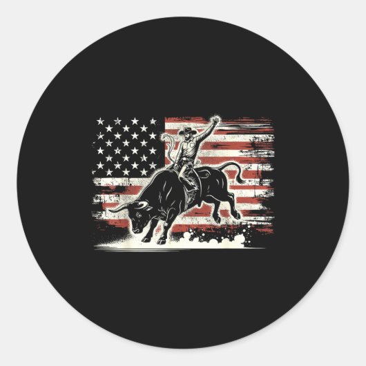 Rodeo Rider Bull Patriotic Cowboy Usa Flag  Runder Aufkleber (Vorderseite)