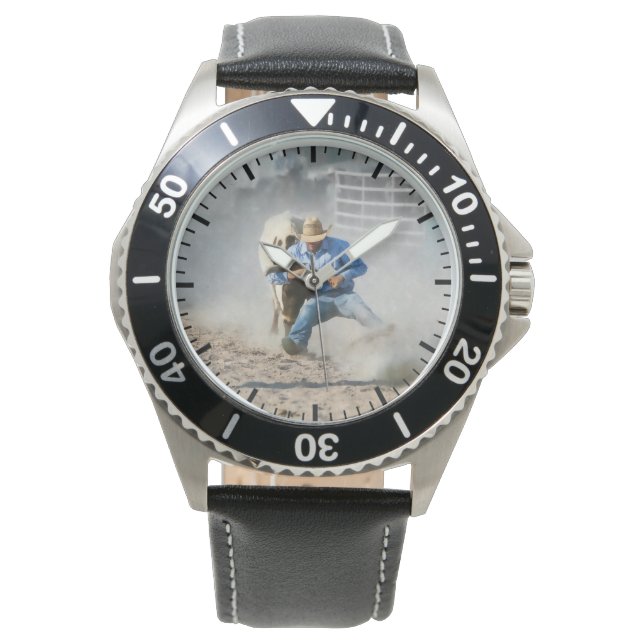 Rodeo Steer Wrestling Wettbewerb Western Männer Armbanduhr (Vorderseite)