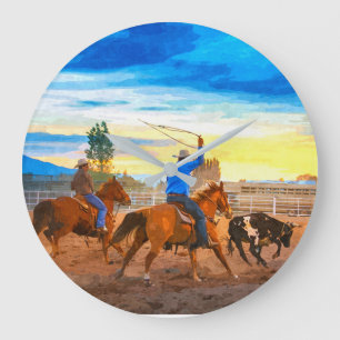 Rodeo Team Roping Sunset Corral Rustic Western Große Wanduhr