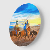 Rodeo Team Roping Sunset Corral Rustikaler Western Große Wanduhr (Winkel)