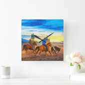 Rodeo Team Roping Sunset Corral Rustikaler Western Quadratische Wanduhr (Zuhause)