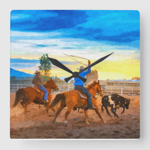 Rodeo Team Roping Sunset Corral Rustikaler Western Quadratische Wanduhr