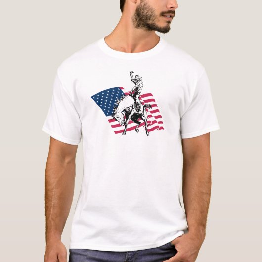 Rodeo USA - Amerika, Cowboy-Pferd und Flagge T-Shirt (Vorderseite)