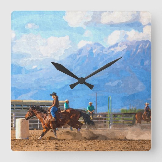 Rodeo Women's Barrel Racing Rustikaler Western Quadratische Wanduhr (Vorderseite)