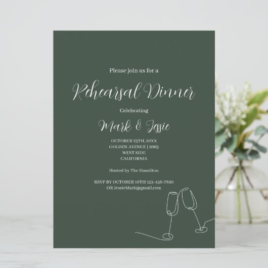 ROE Dusky Green & White Einfache Probe Abendessen Einladung (Stehend Vorderseite)