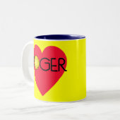 ROGER mit Herzen und Tennisball Zweifarbige Tasse (Vorderseite Links)