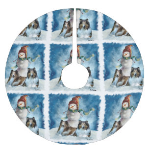 Rogh Collie mit Schneemann-Weihnachten Polyester Weihnachtsbaumdecke