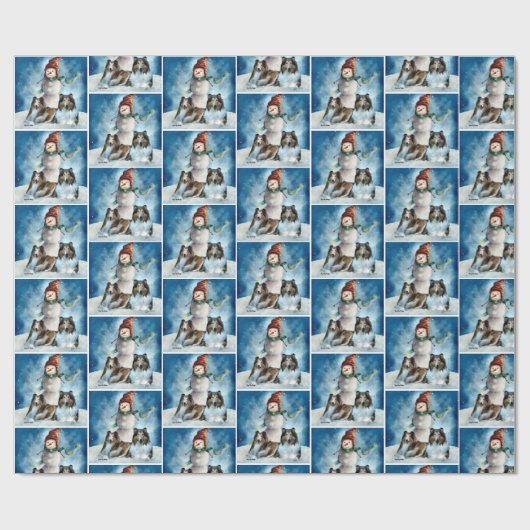 Rogh Collie über Snowman Christmas Geschenkpapier (Flach)