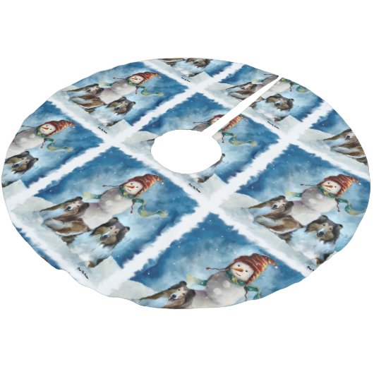 Rogh Collie über Snowman Christmas Polyester Weihnachtsbaumdecke (Schrägansicht)