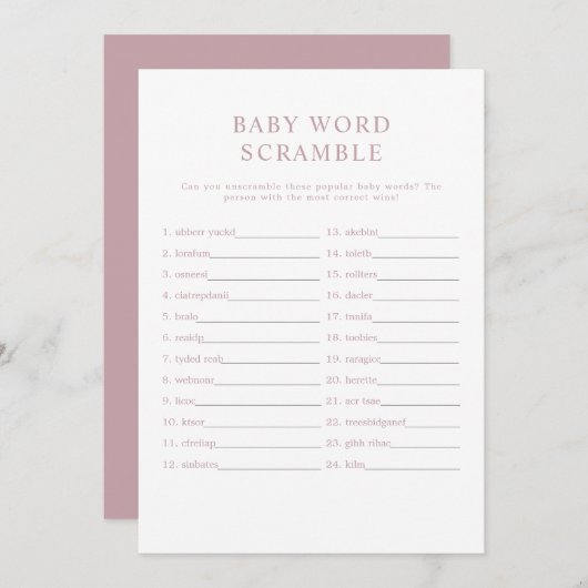 ROGUE Modern Dusty Rose Baby Word Scramble Game Einladung (Vorne/Hinten)