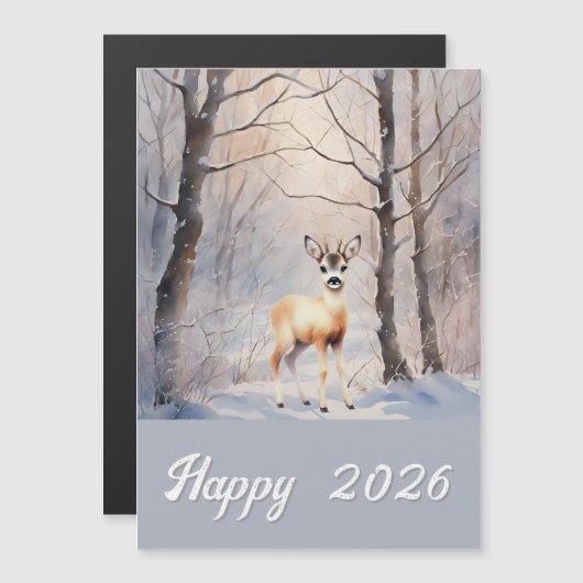 Roh Reh im Winter - Happy 2026 Magnetkarte (Vorne/Hinten)