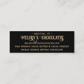 Rohe Kunsthandwerkerschokolade Gold auf der schwar Mini Visitenkarte (Rückseite)