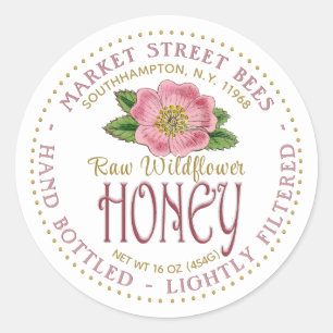 Rohe Wildblume Honey Label Wild Pink Rose Blume Runder Aufkleber