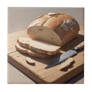 Rohes Brot und Scheiben auf Holzbrett Fliese