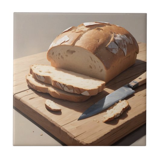 Rohes Brot und Scheiben auf Holzbrett Fliese (Vorderseite)