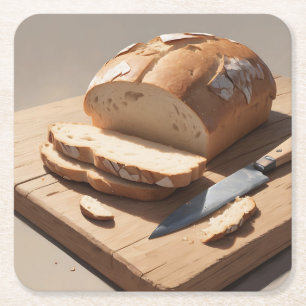 Rohes Brot und Scheiben auf Holzbrett Rechteckiger Pappuntersetzer