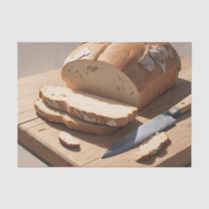 Rohes Brot und Scheiben auf Holzbrett Seidenpapier
