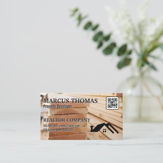 Rohholzmaterial | HausLogo | QR Code Terminkarte (Stehend Vorderseite)