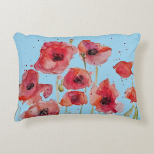 Rohroter Mohn auf Blau Aquarell-Mohnblumen Dekokissen