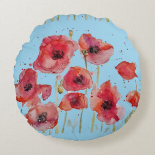 Rohroter Mohn auf Blau Wasserfarben Mohn Dekorativ Rundes Kissen