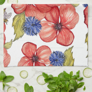 Rohroter Mohn und Blaue Kornblume Aquarell Geschirrtuch