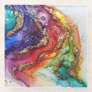 ROINBOW COLORED & GOLD LIQUID SEHEN TEXTLICH AUS GLASUNTERSETZER