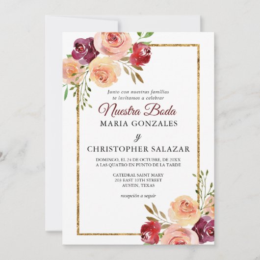 Roja Oro Flores Boda Elegante Spanische Hochzeit Einladung (Vorderseite)
