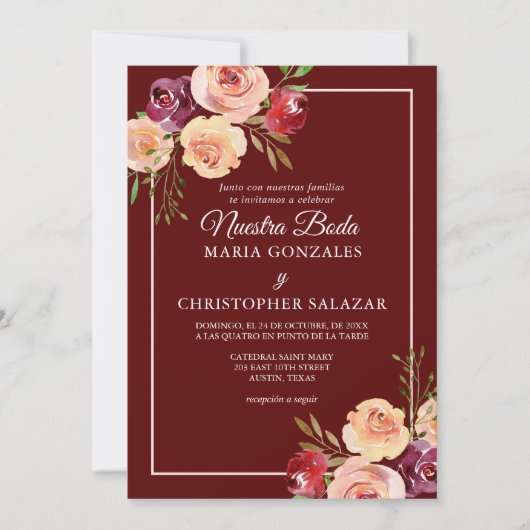 Roja Oro Flores Boda Español Einladung (Vorderseite)