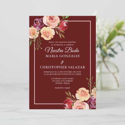 Roja Oro Flores Boda Español Einladung (Stehend Vorderseite)