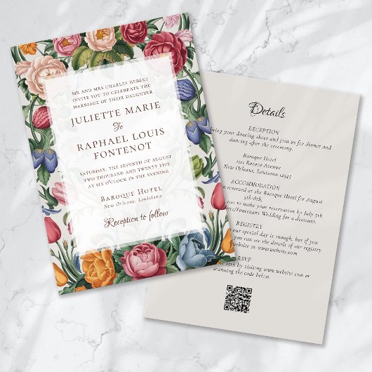 Rokoko Barock Floral All in One Wedding Einladung